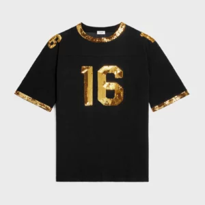 CELINE 16 EMBROIDERED T SHIRT IN JERSEY BLACK GOLD